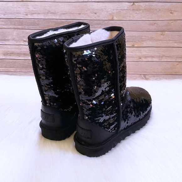 UGG Women’s Classic Short Sequin Black Boots - Picture 2 of 10